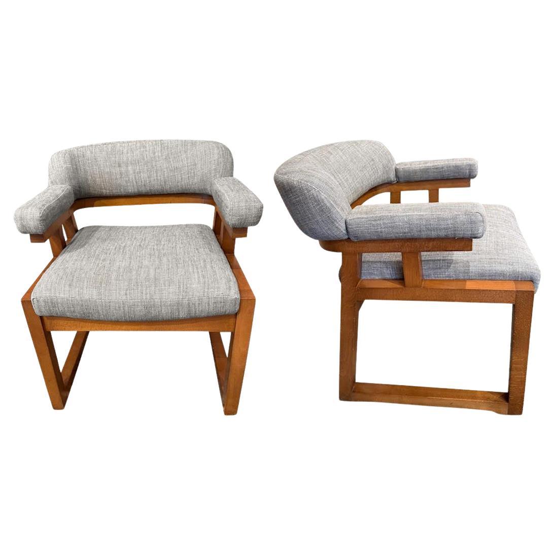 Birch Wood Pair Of Arm Chairs By Designer Juan Gamboa, Spain, Mid Century