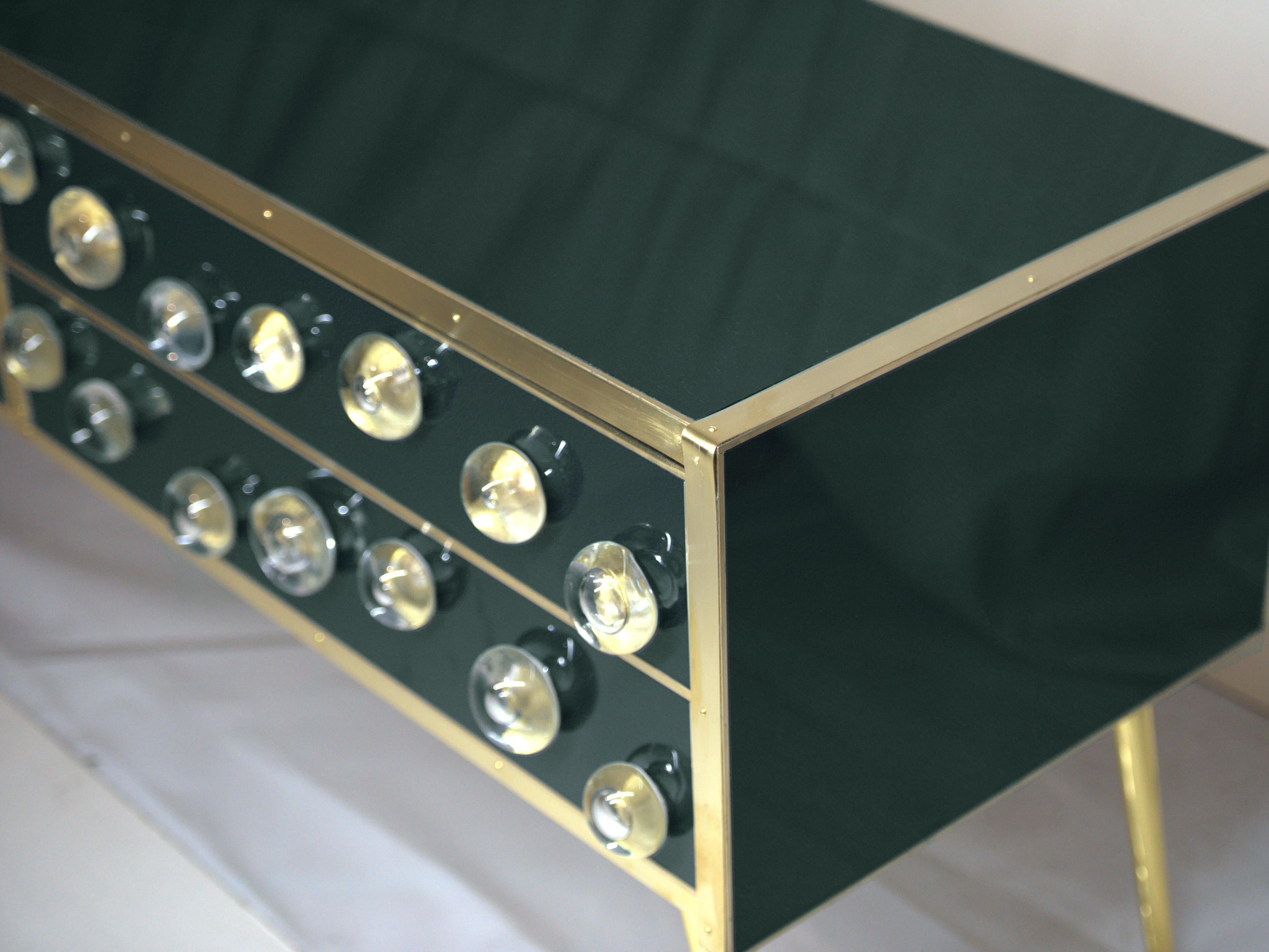Modern Birchwood Sideboard with Green Glass and Murano Spheres, Brass Details and Feet For Sale