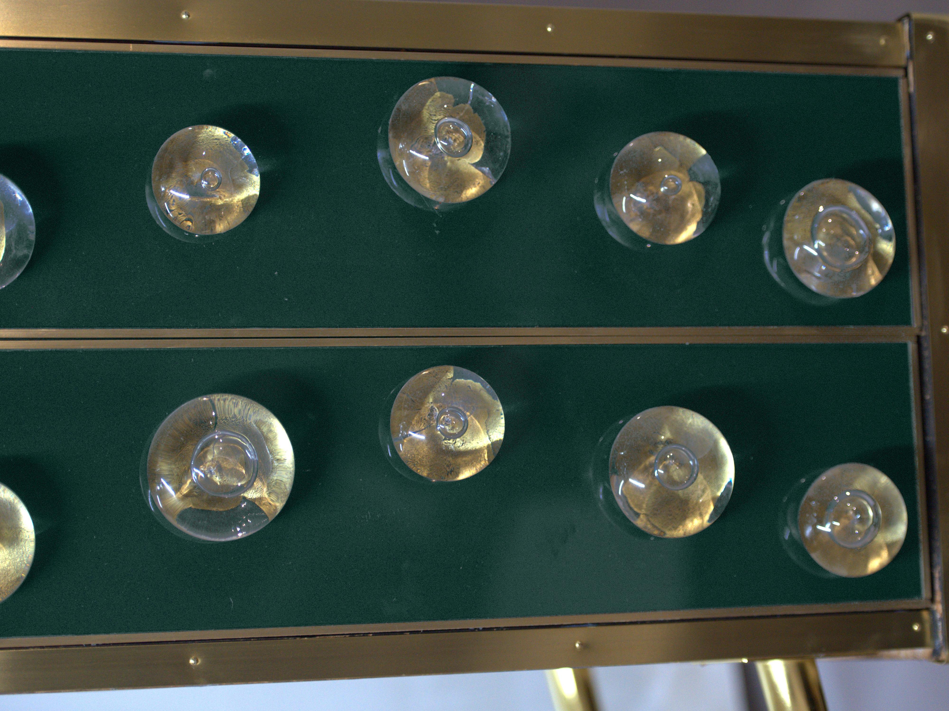 Italian Birchwood Sideboard with Green Glass and Murano Spheres, Brass Details and Feet For Sale