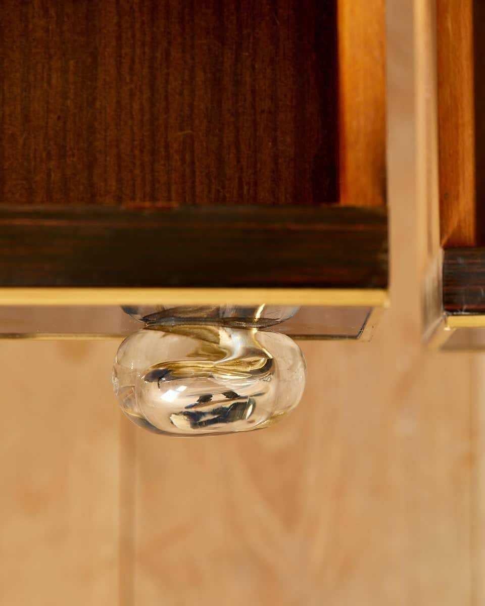 Beveled Birchwood Sideboard with Green Glass and Murano Spheres, Brass Details and Feet For Sale