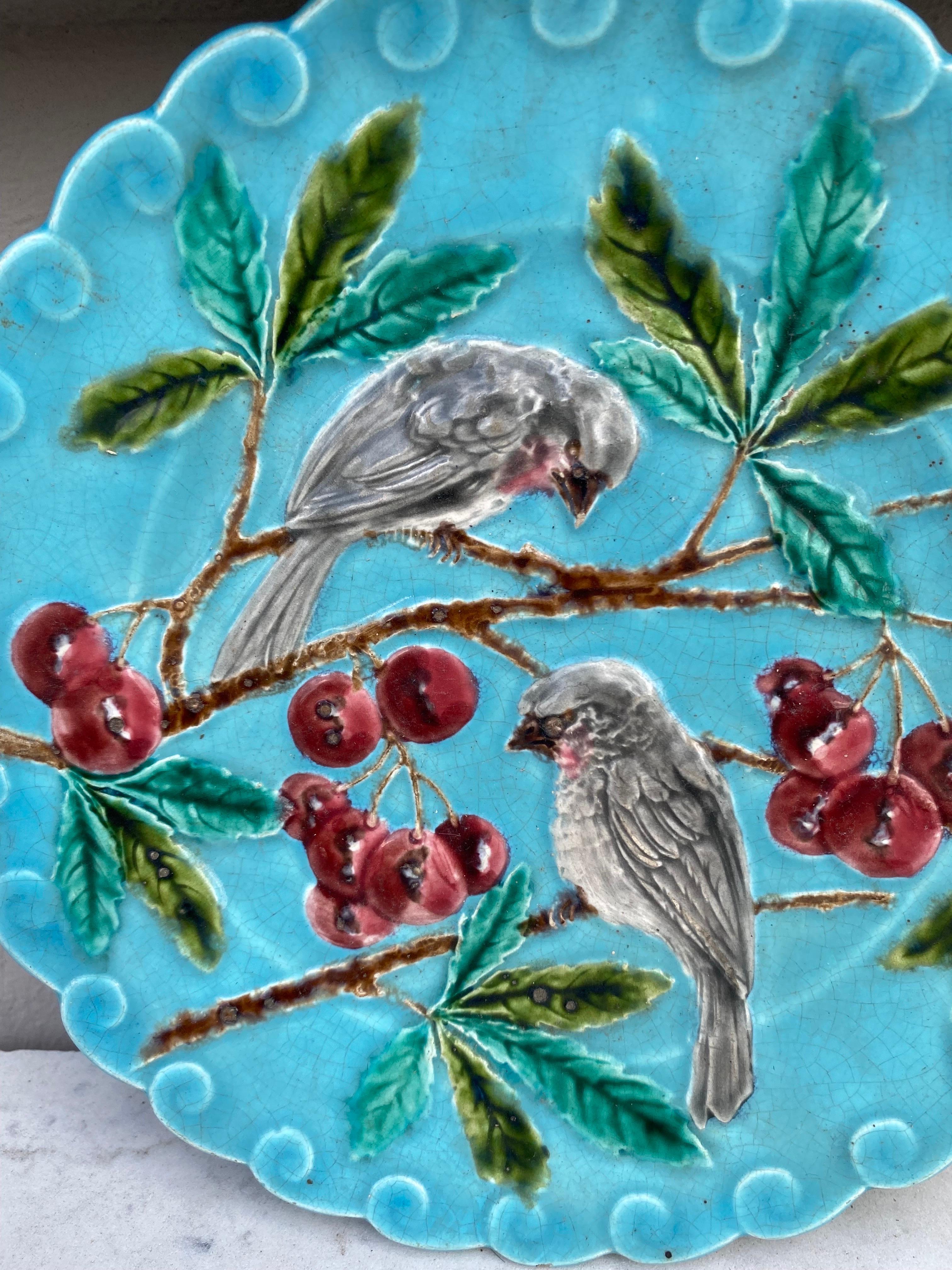 Rustic French Majolica Bird and Cherries Plate Sarreguemines, circa 1880 For Sale