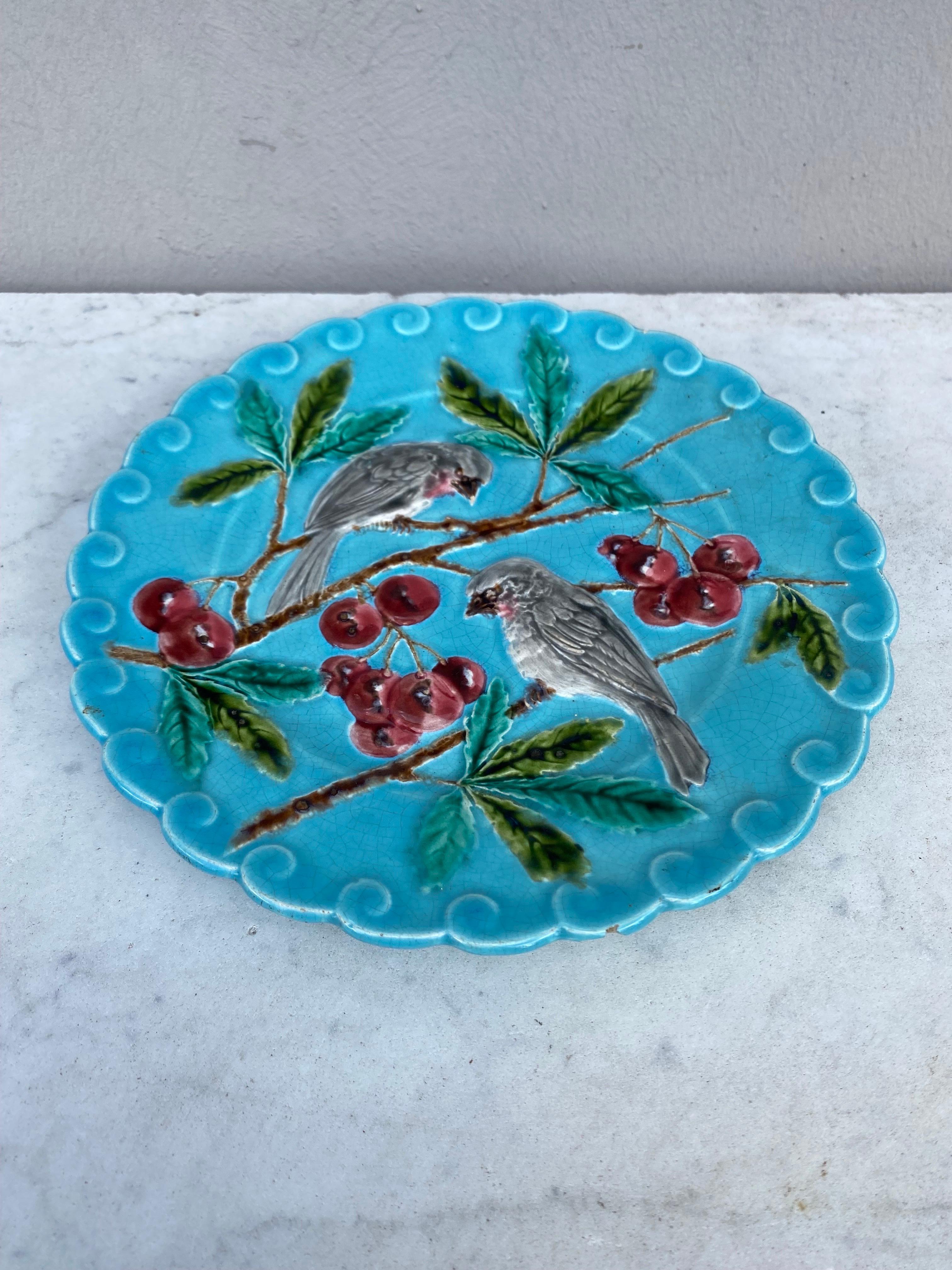 Ceramic French Majolica Bird and Cherries Plate Sarreguemines, circa 1880 For Sale