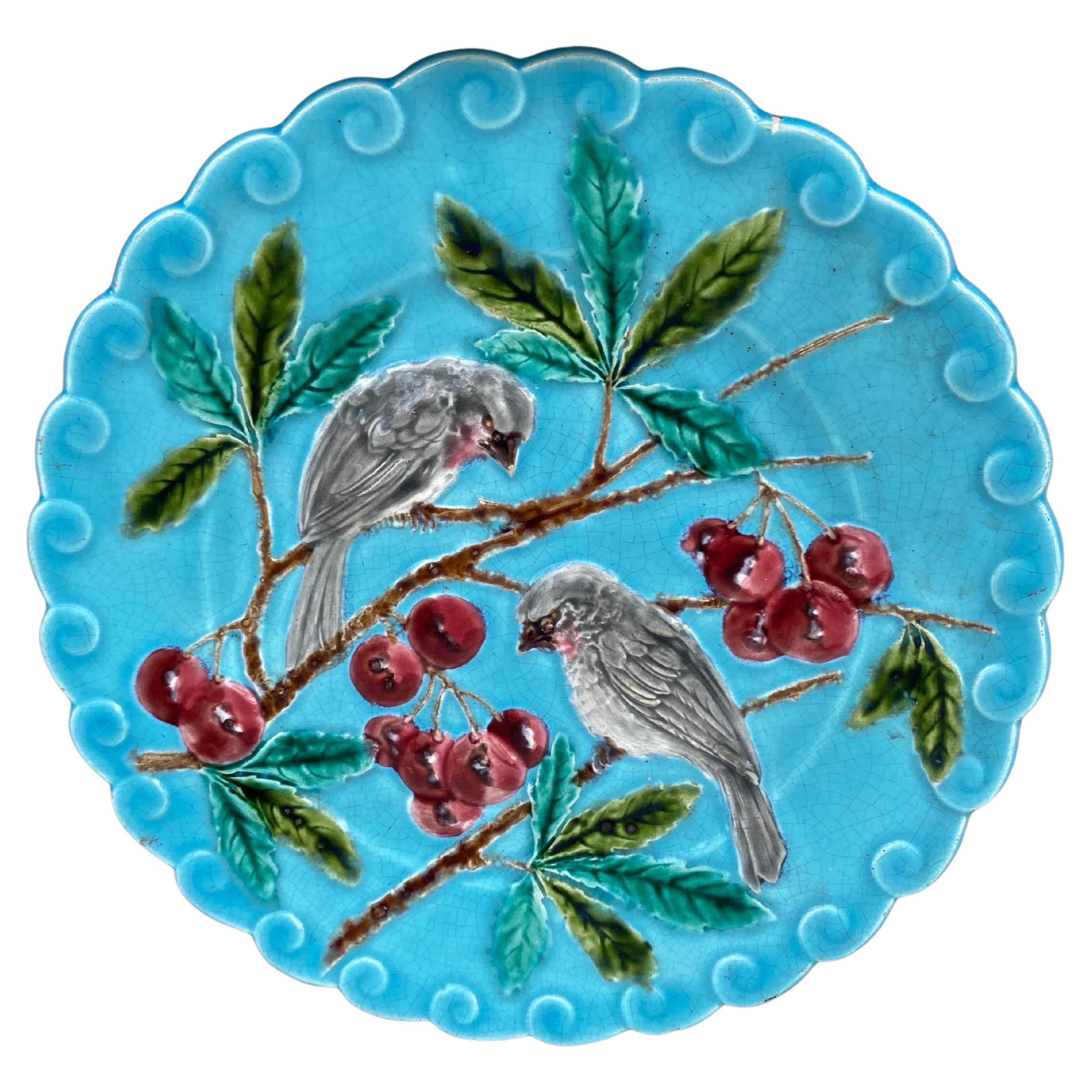 French Majolica Bird and Cherries Plate Sarreguemines, circa 1880 For Sale