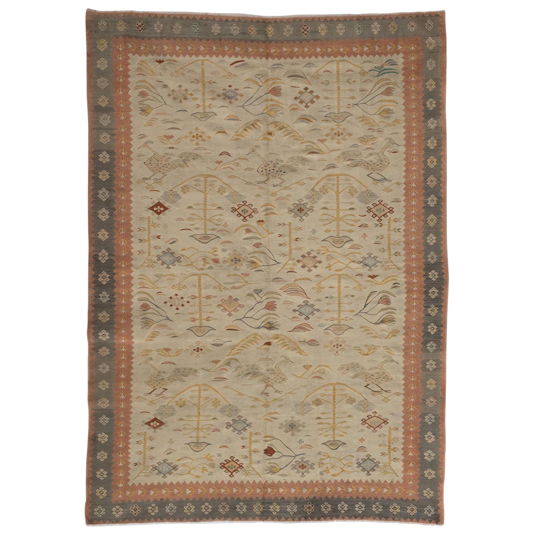 Bird and Flower Motif Bessarabian Kilim, Romania, circa 1930