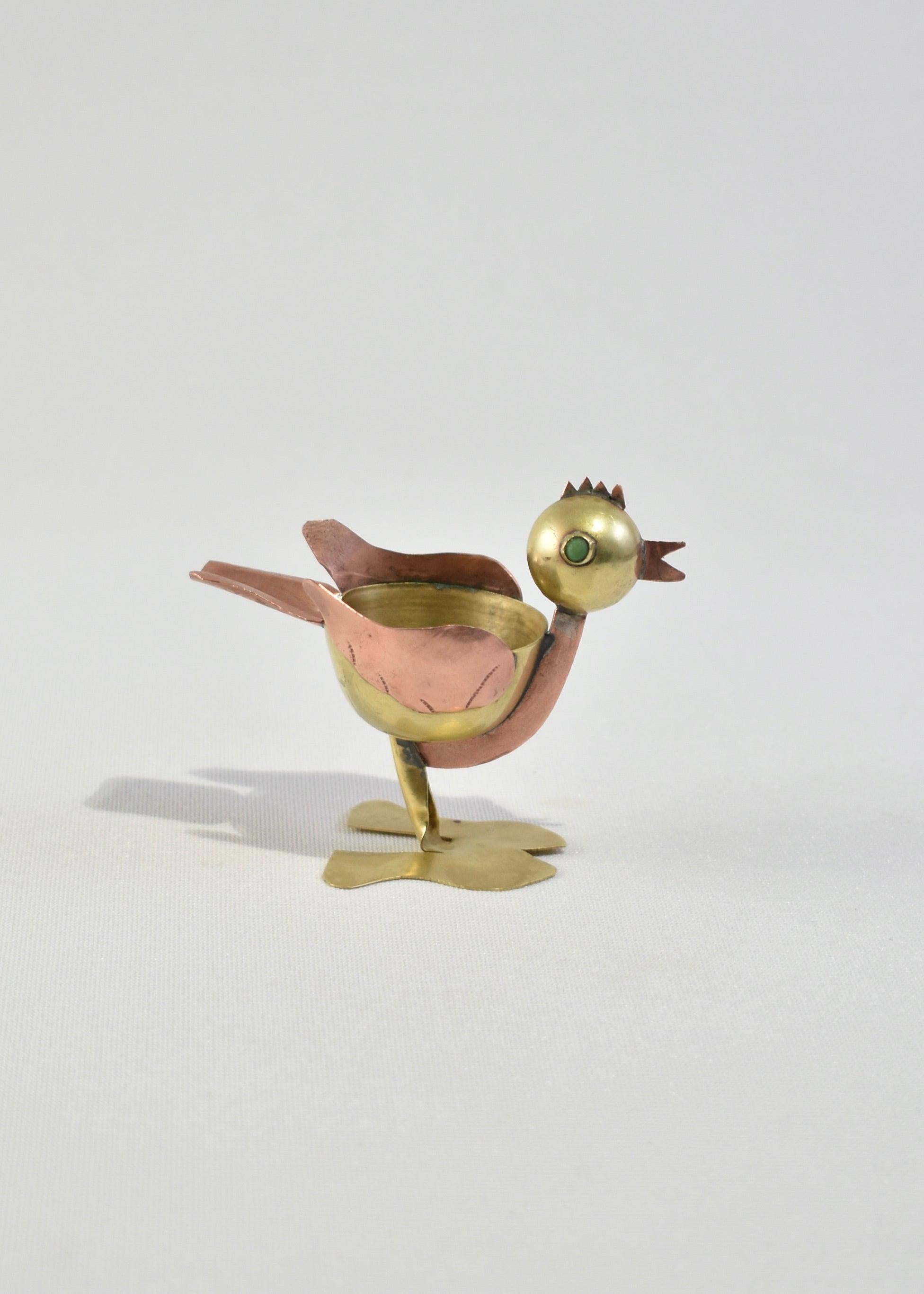 Stunning handmade petite copper and brass bird ashtray with stone eye detail.