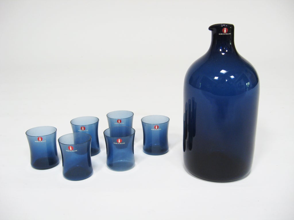 Scandinavian Modern Bird Bottle and Set of I-Line Glasses by Timo Sarpaneva