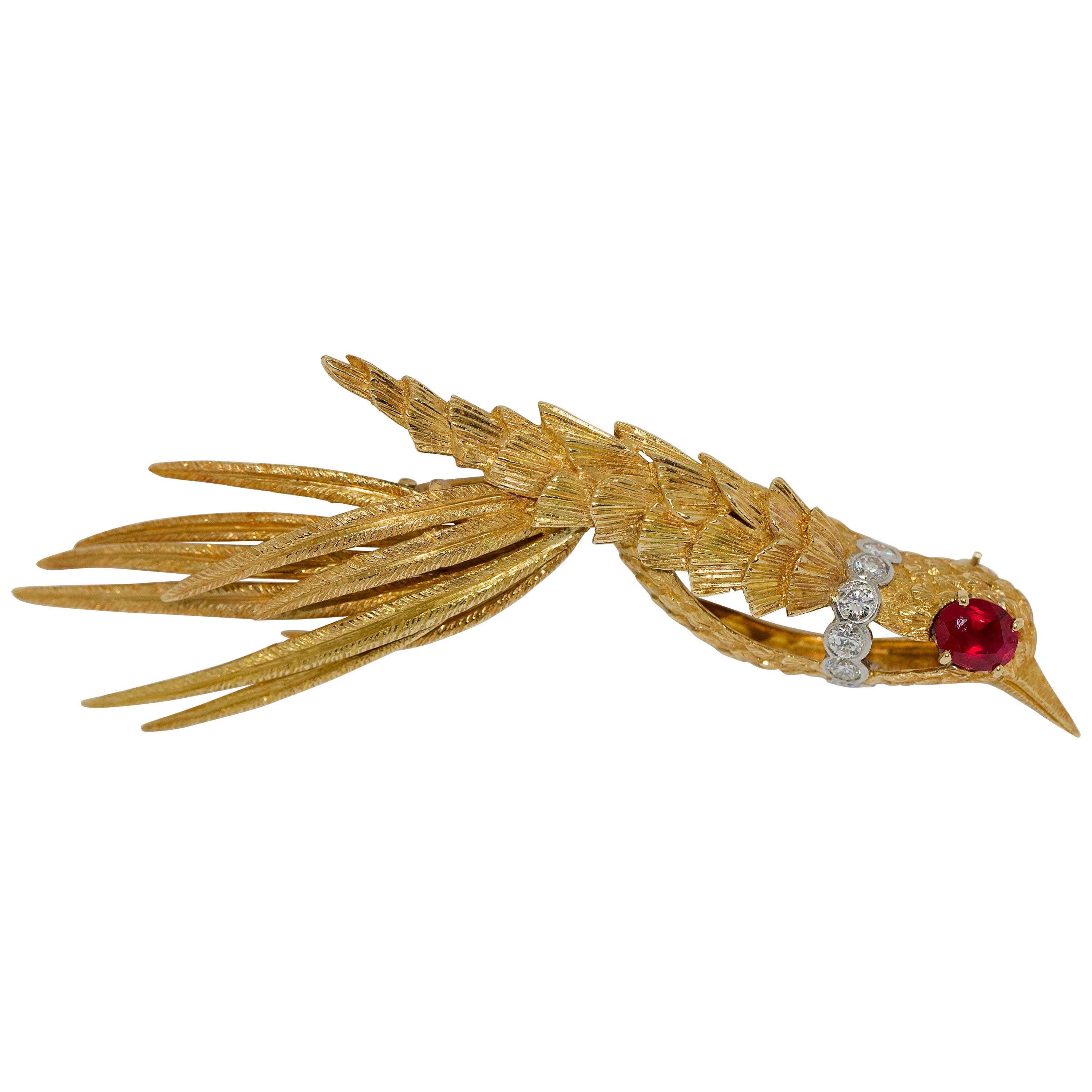 Bird Brooch, 18 Karat Rose Gold with White Diamonds and Ruby For Sale