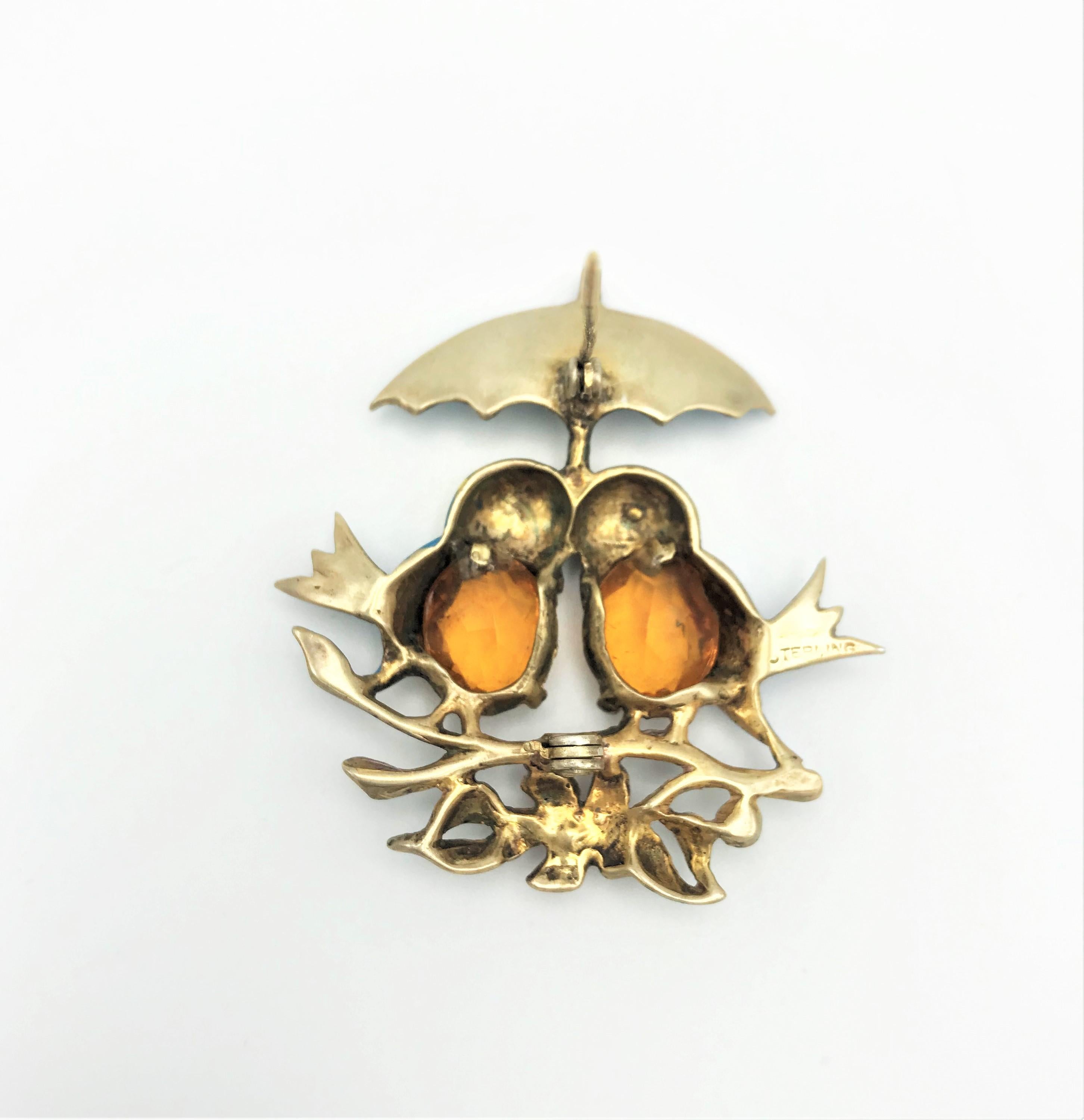 Artisan Bird brooch with 2 cut rhinestones as the belly's sterling/gold plated 1940s USA