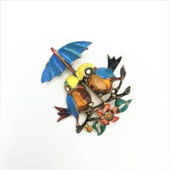 Bird brooch with 2 cut rhinestones as the belly's sterling/gold plated 1940s USA