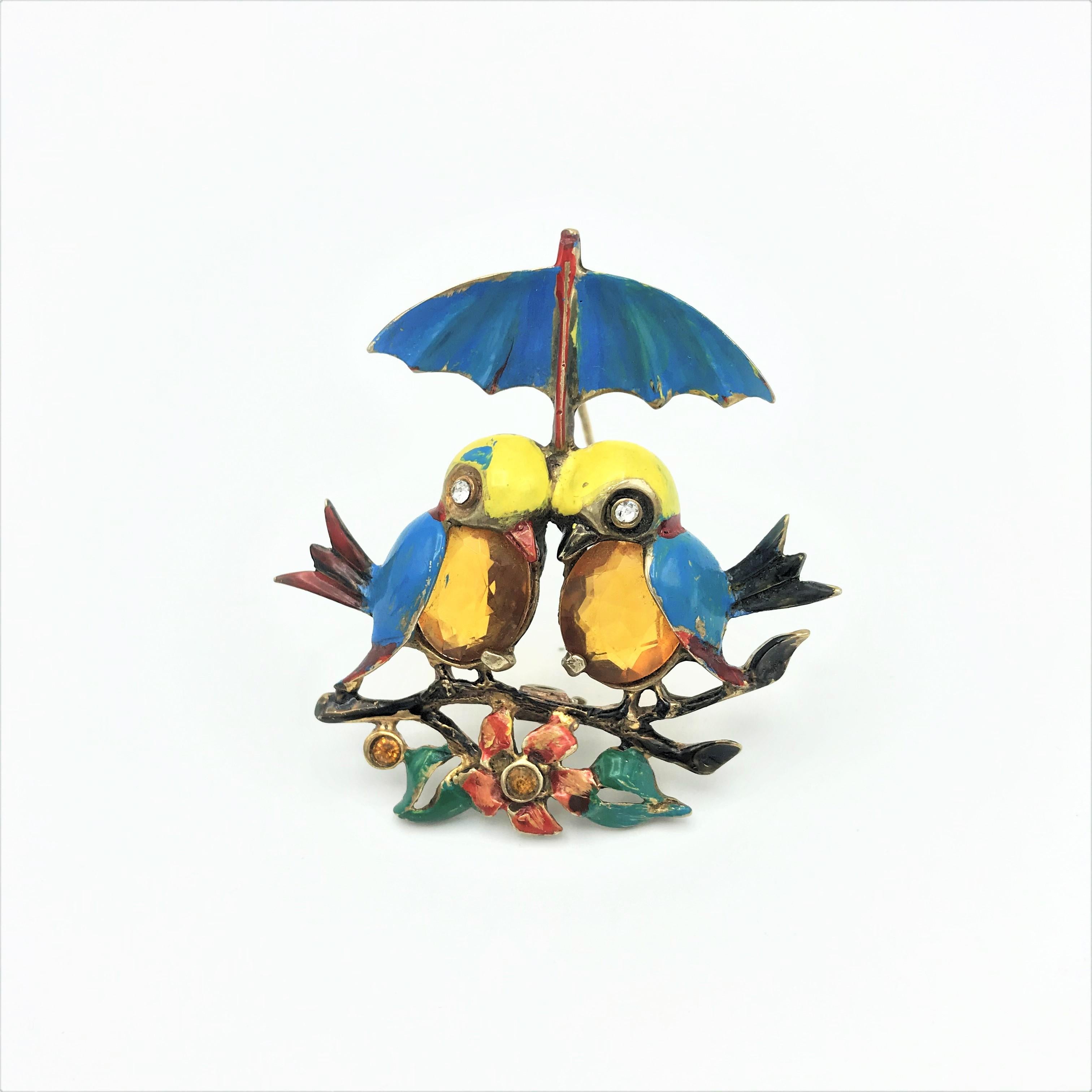 Artisan Bird brooch with 2 cut rhinestones as the belly's sterling/gold plated 1940s USA For Sale