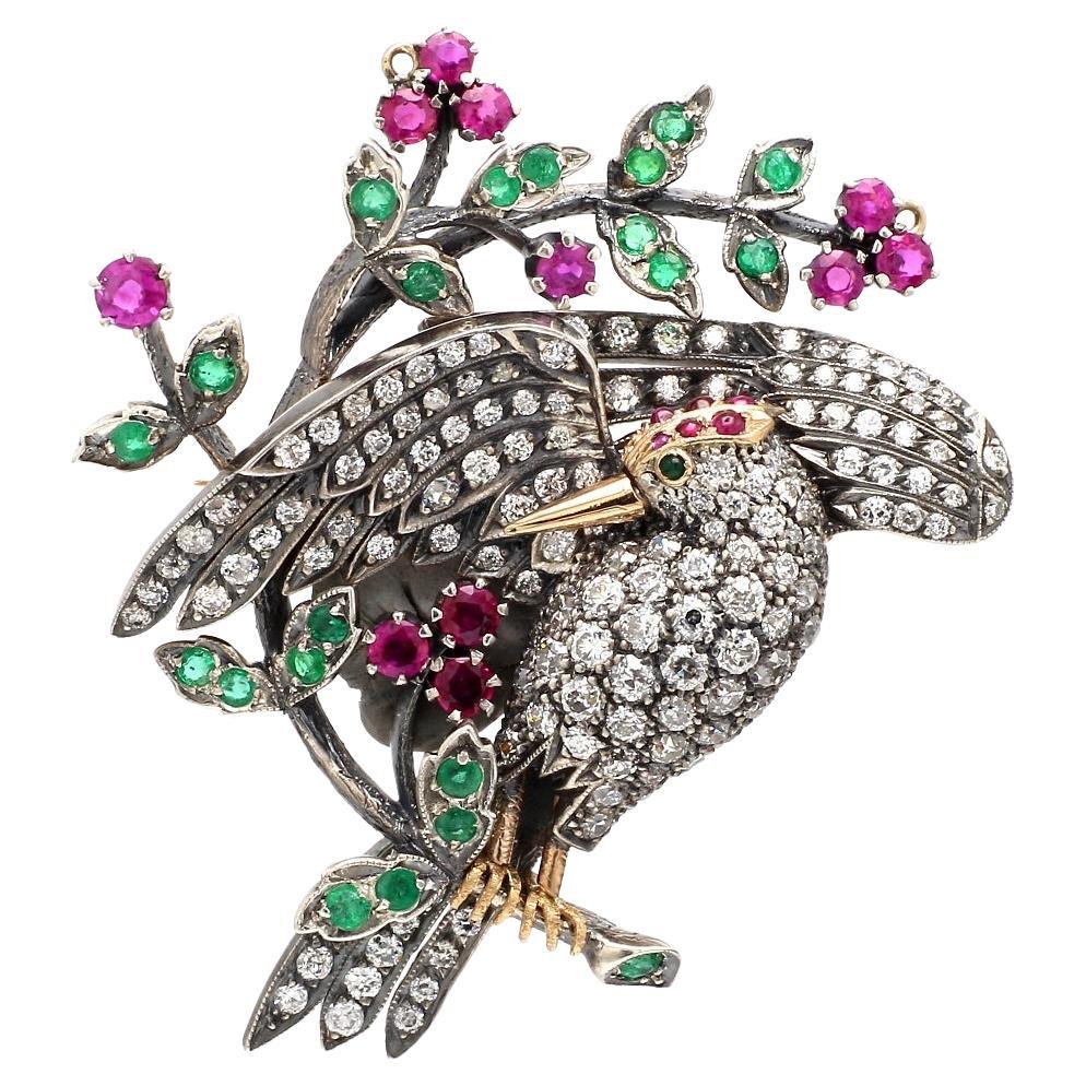 Bird Brooch with Old European Cut Diamonds, Rubies, and Emeralds
