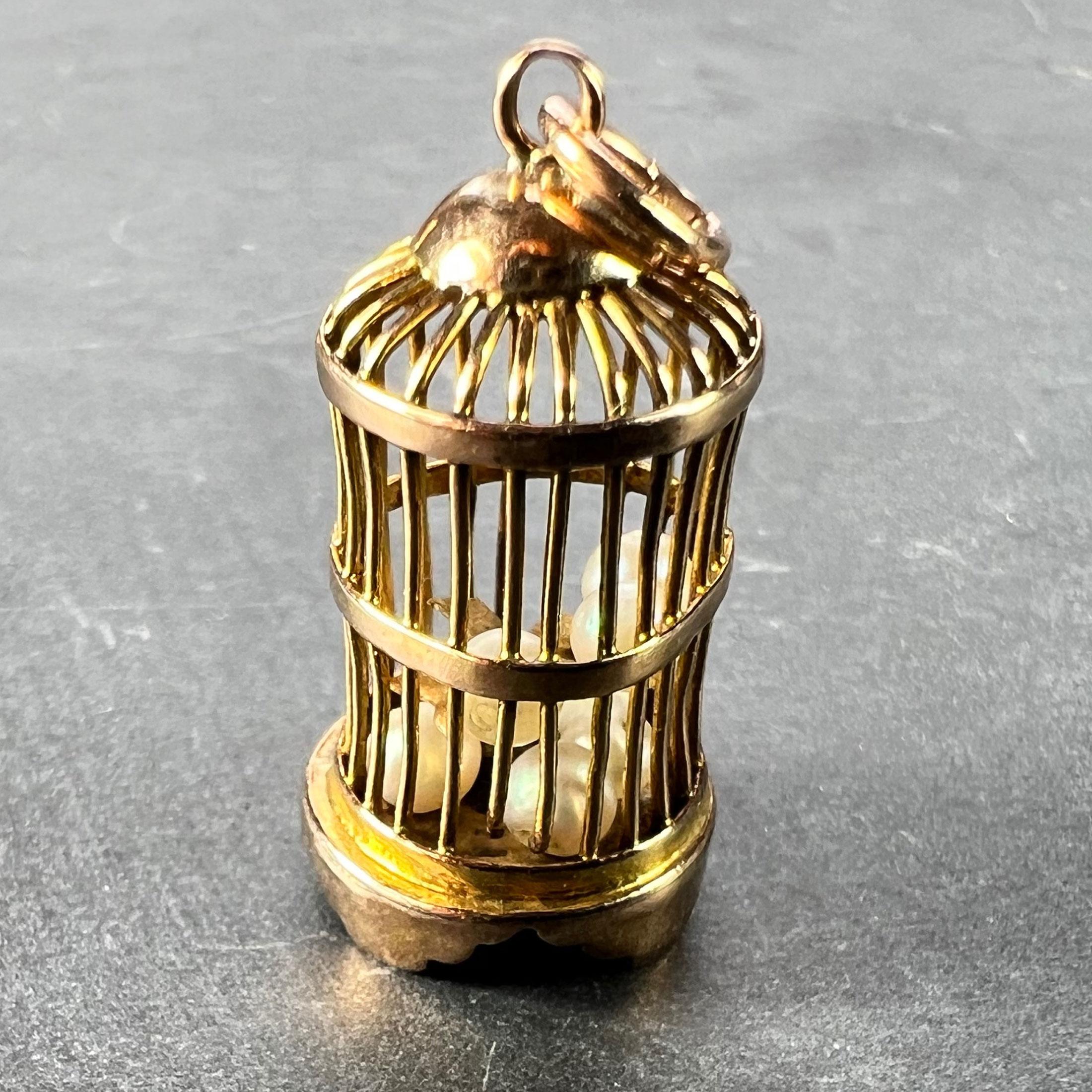 Uncut Bird Cage Cultured Pearls 14 Karat Yellow Gold Charm Pendant For Sale