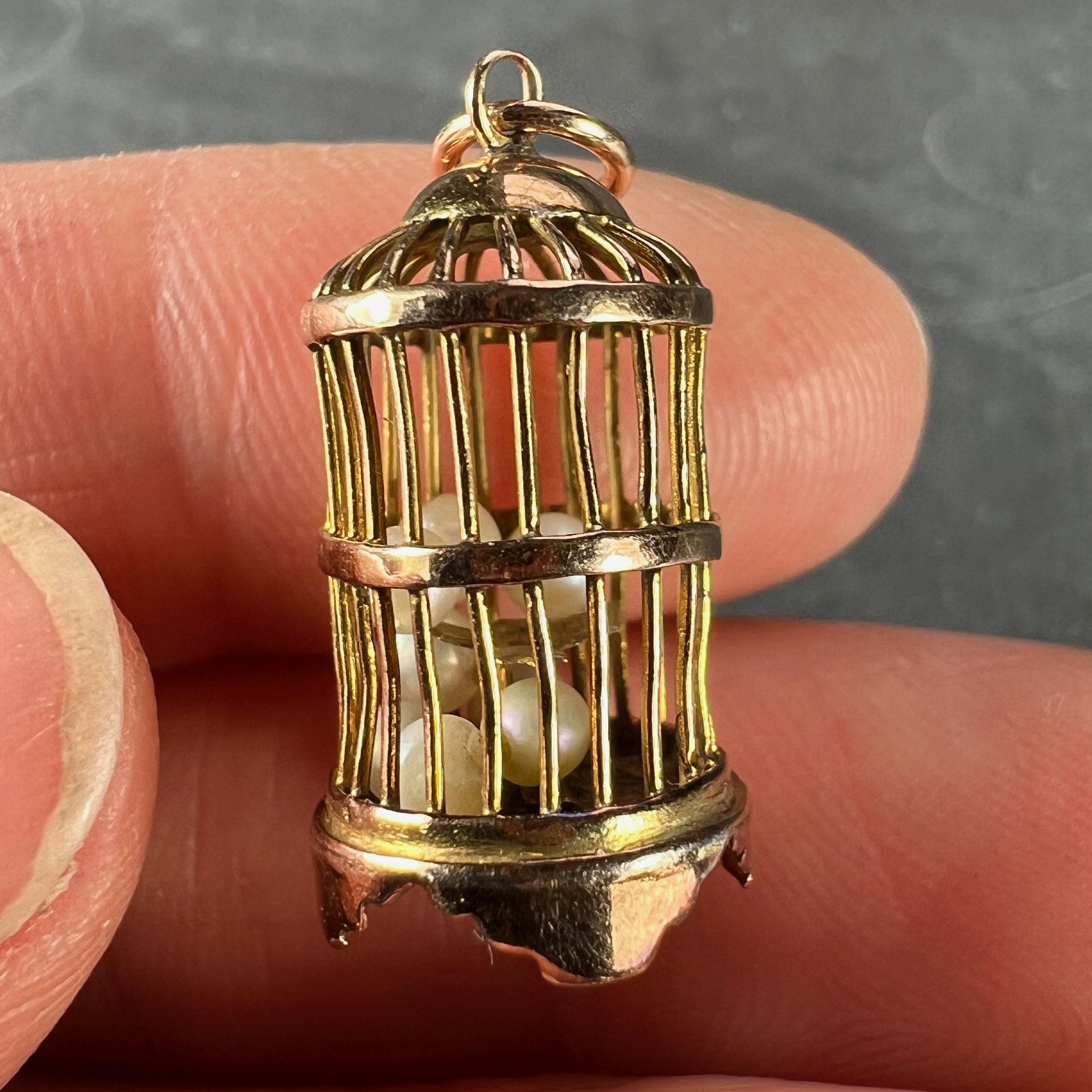 Bird Cage Cultured Pearls 14 Karat Yellow Gold Charm Pendant For Sale 2