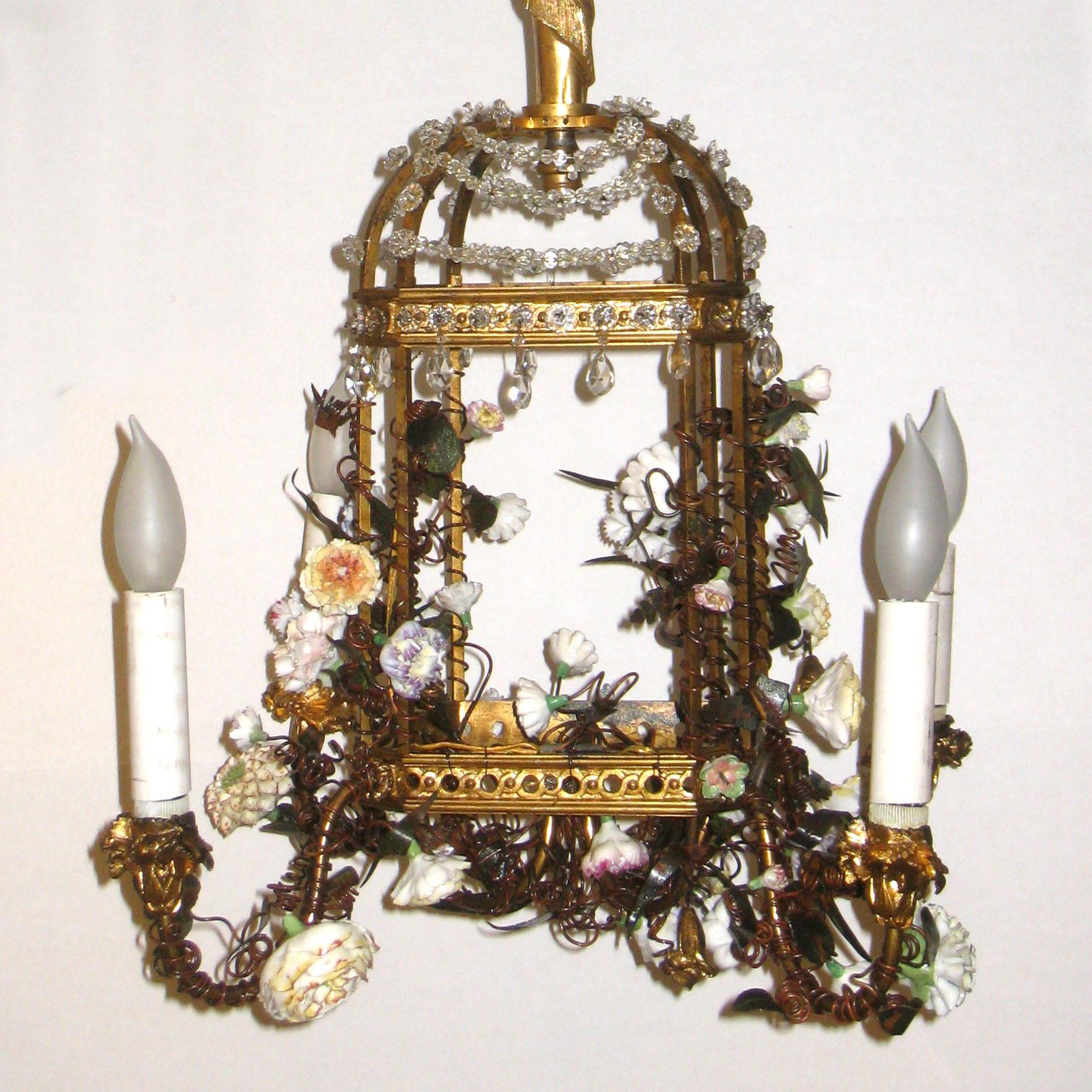 Louis XVI Bird Cage Form Gilt Bronze Porcelain and Crystal Chandelier