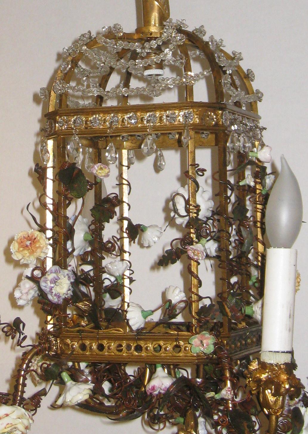 Appliqué Bird Cage Form Gilt Bronze Porcelain and Crystal Chandelier