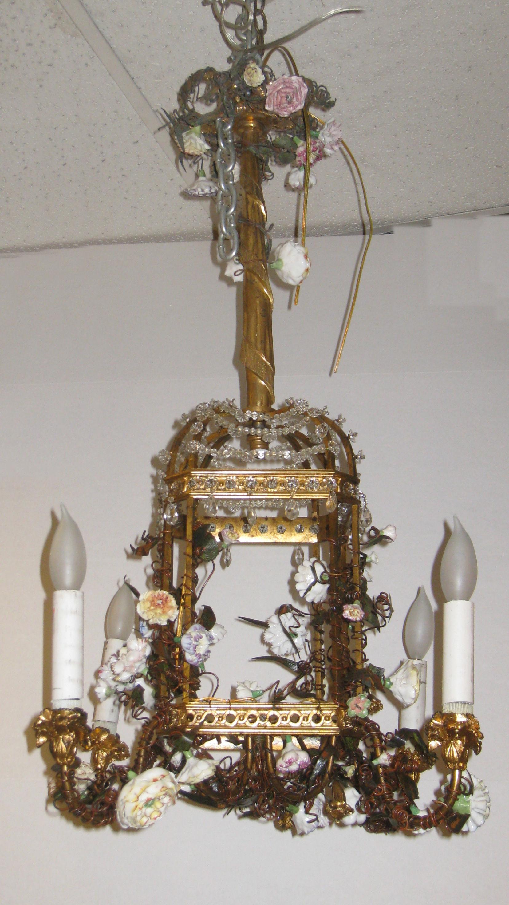 Bird Cage Form Gilt Bronze Porcelain and Crystal Chandelier In Good Condition In New York, NY