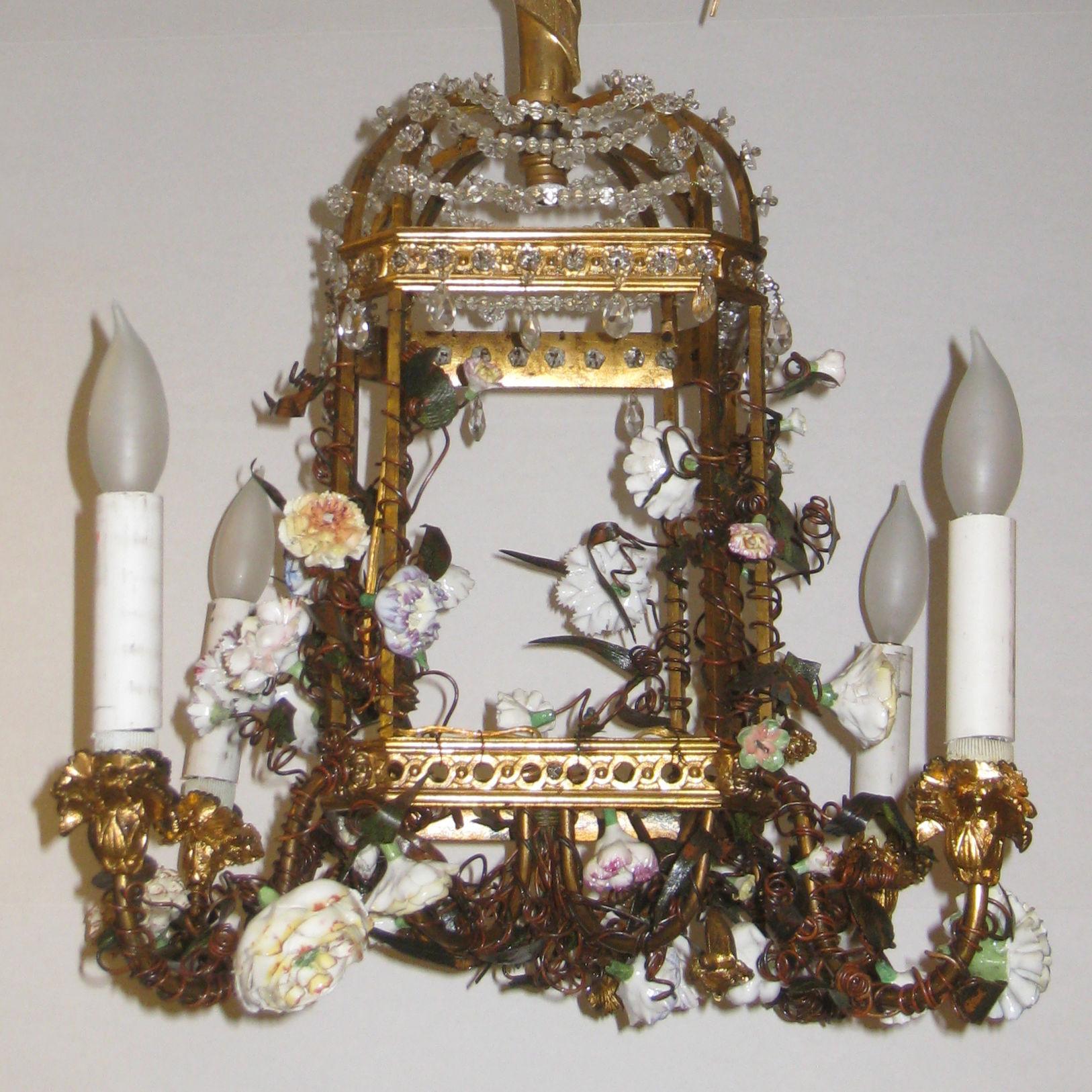 Late 19th Century Bird Cage Form Gilt Bronze Porcelain and Crystal Chandelier