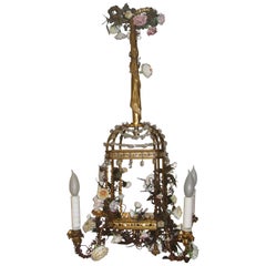 Bird Cage Form Gilt Bronze Porcelain and Crystal Chandelier