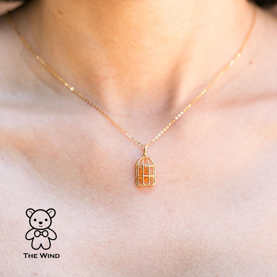 Arts and Crafts Bird Cage Mexican Fire Opal Necklace Pendant 14K Yellow Gold For Sale
