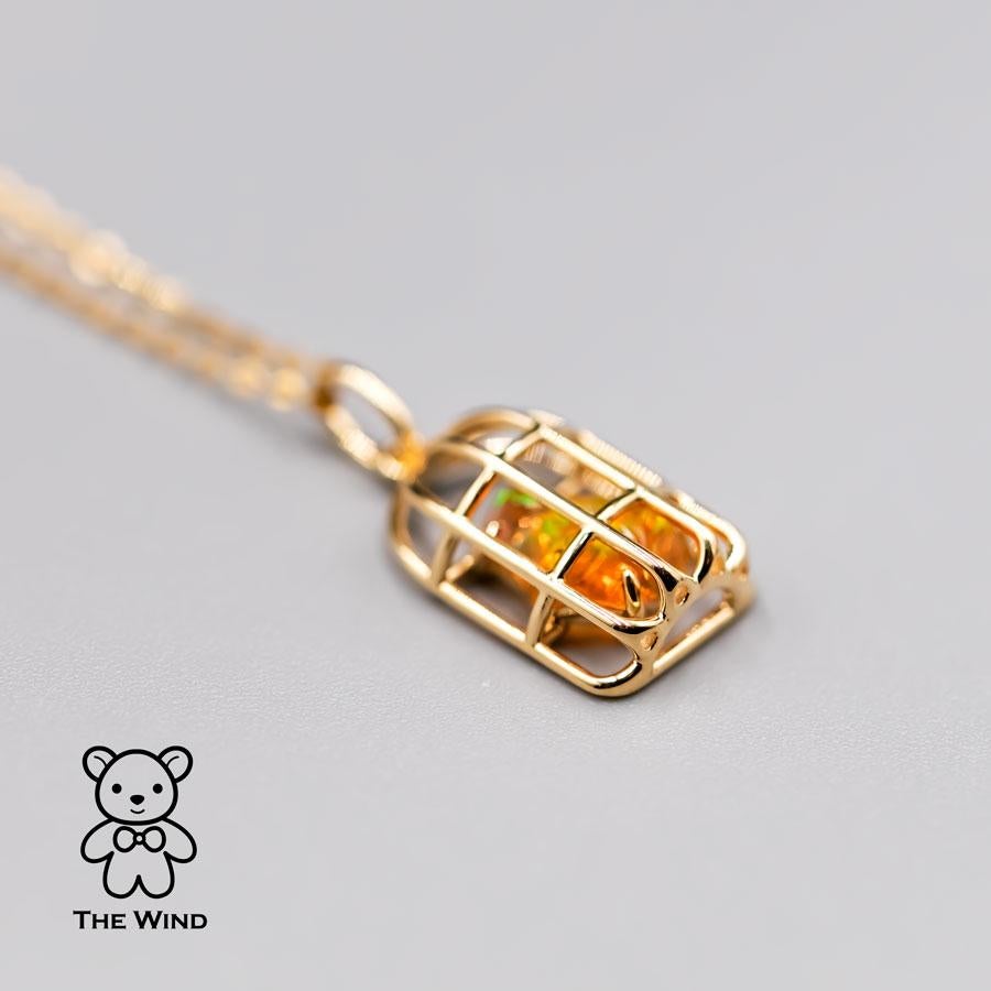 Brilliant Cut Bird Cage Mexican Fire Opal Necklace Pendant 14K Yellow Gold For Sale