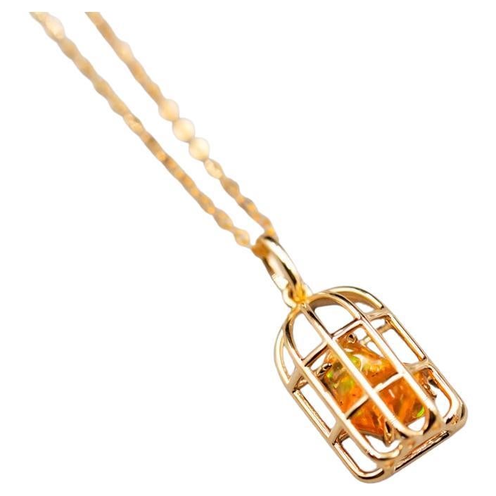 Bird Cage Mexican Fire Opal Necklace Pendant 14K Yellow Gold