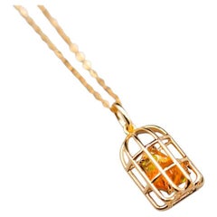 Bird Cage Mexican Fire Opal Necklace Pendant 14K Yellow Gold