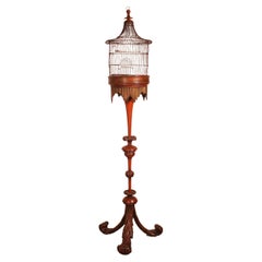Antique Bird Cage on Stand with Chinese Decor, 19 ° Century