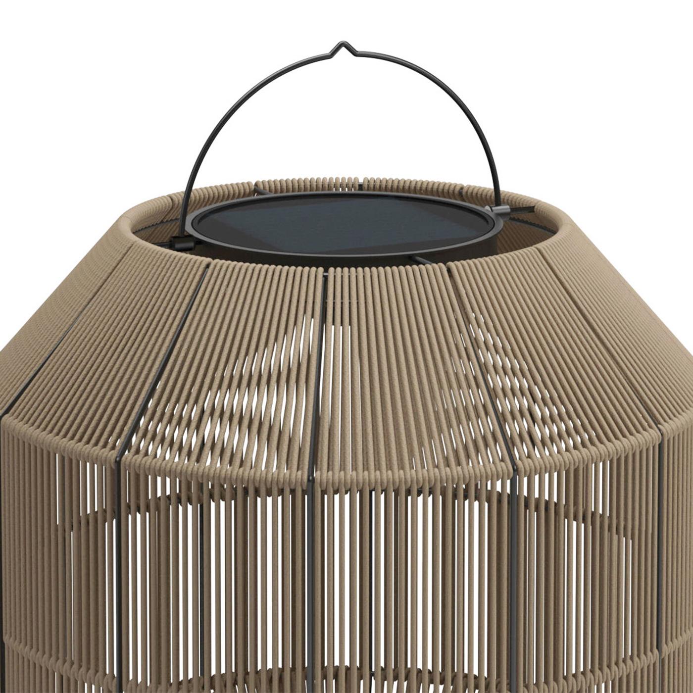Floor lamp bird cage outdoor in all weather woven wicker over powder coated in natural 
finish with stainless steel frame. With mains power and solar rechargable LED light unit.
With remote control radio frequency with 8 light output settings.