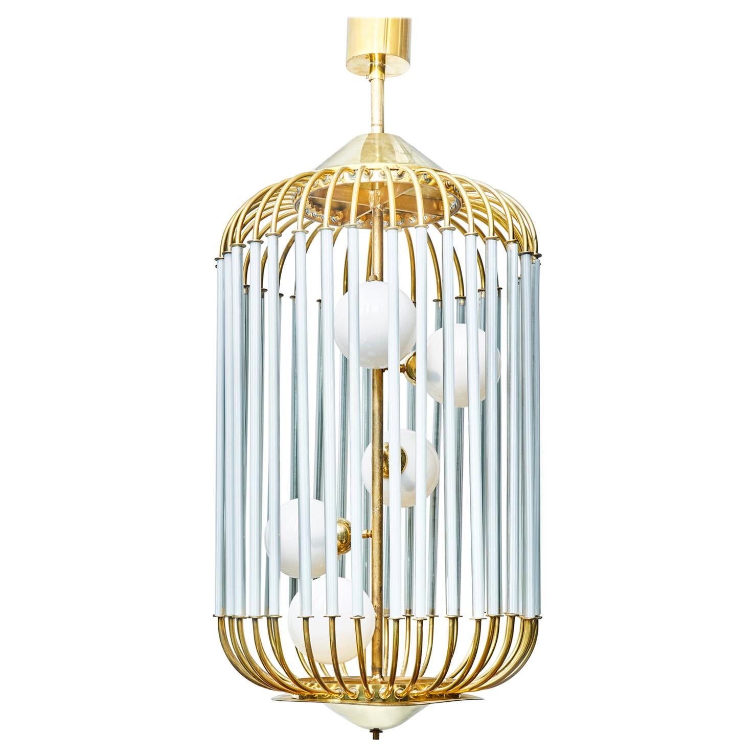 Bird Cage Shaped Vintage Chandelier with Glass Globes