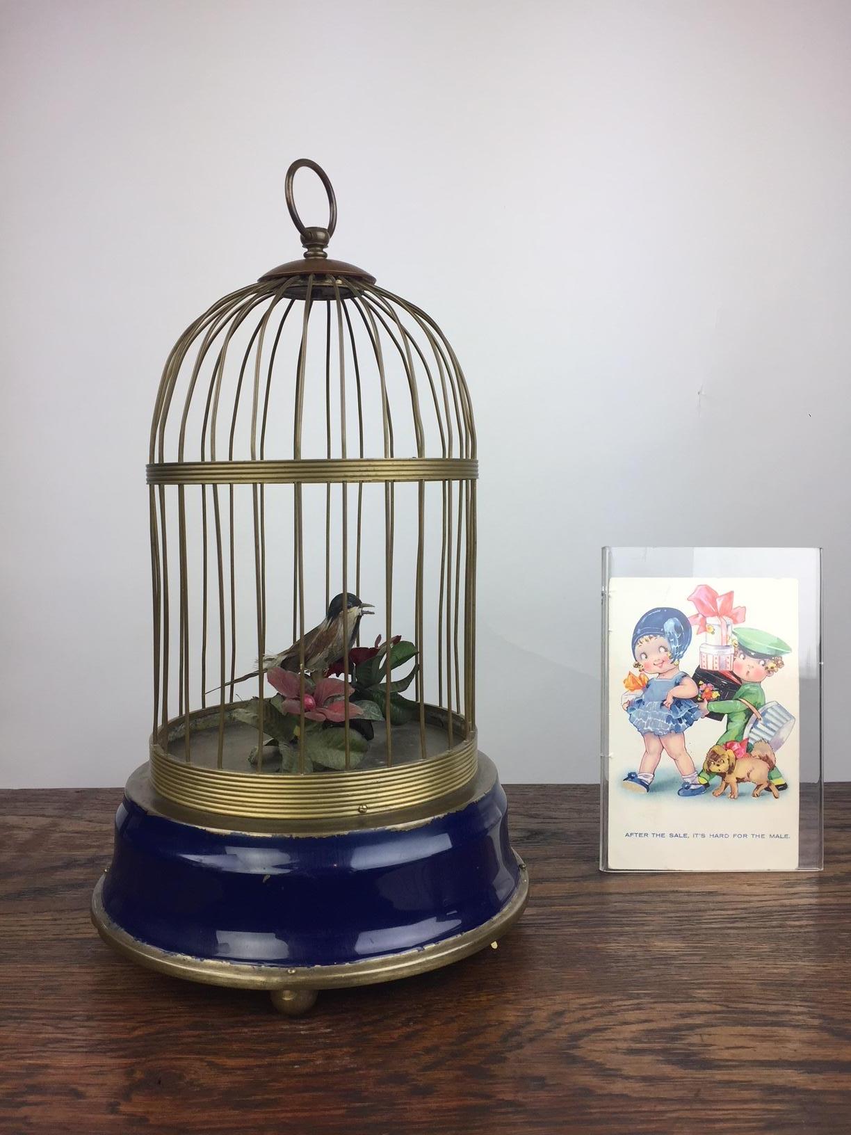 Birdcage, bird cage with a singing bird inside.
This automaton has 1 singing bird in the cage which is sitting on flowers.
As well the bird as the flowers are very fine detailed and they look very realistic.
While the bird is singing, he opens