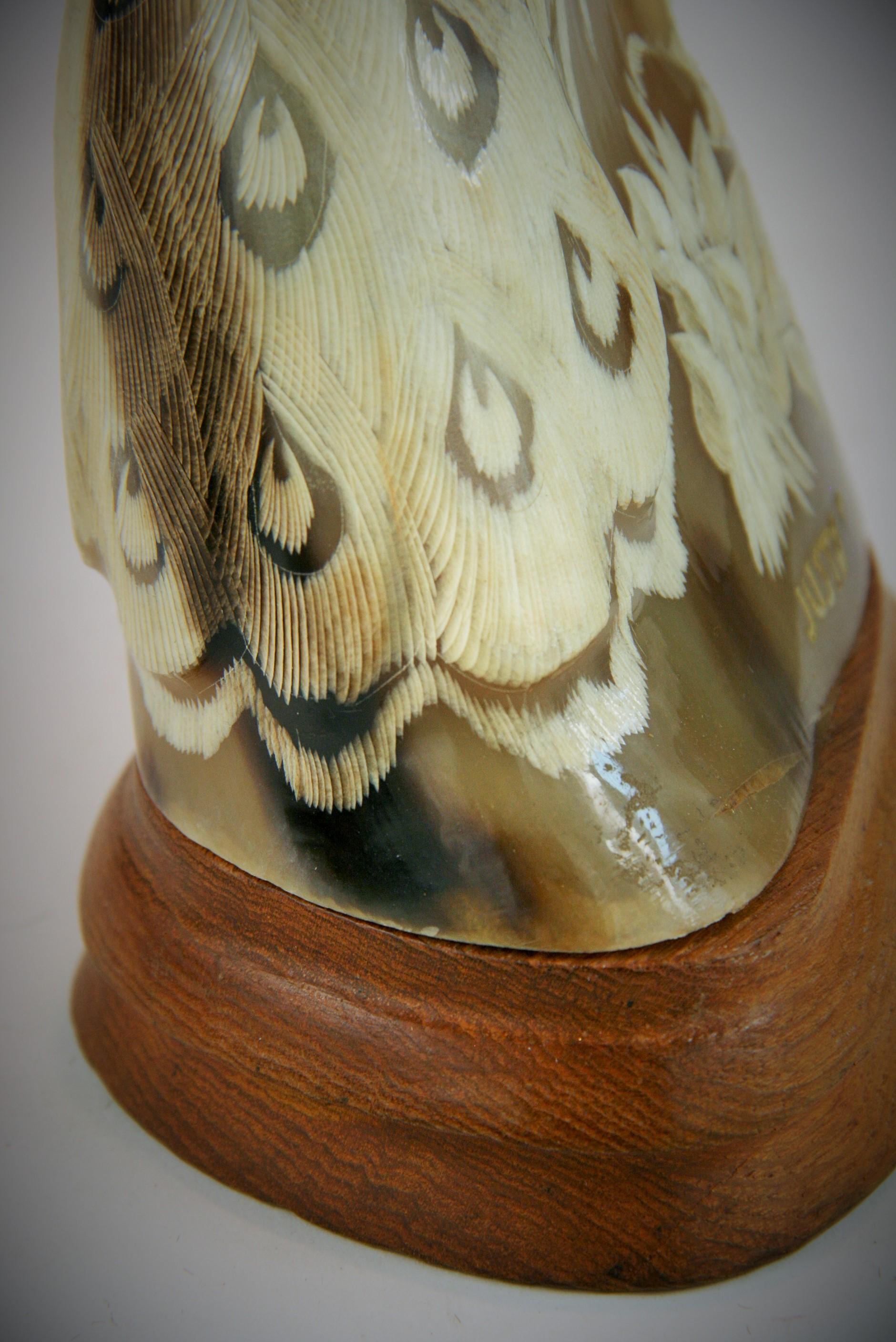 Folk Art Bird Carved Horn Signed Justa For Sale 6