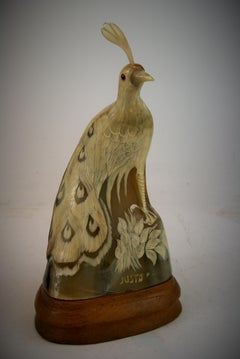 Folk Art Bird Sculpture Carved from Horn by Justa, Antique, 1960