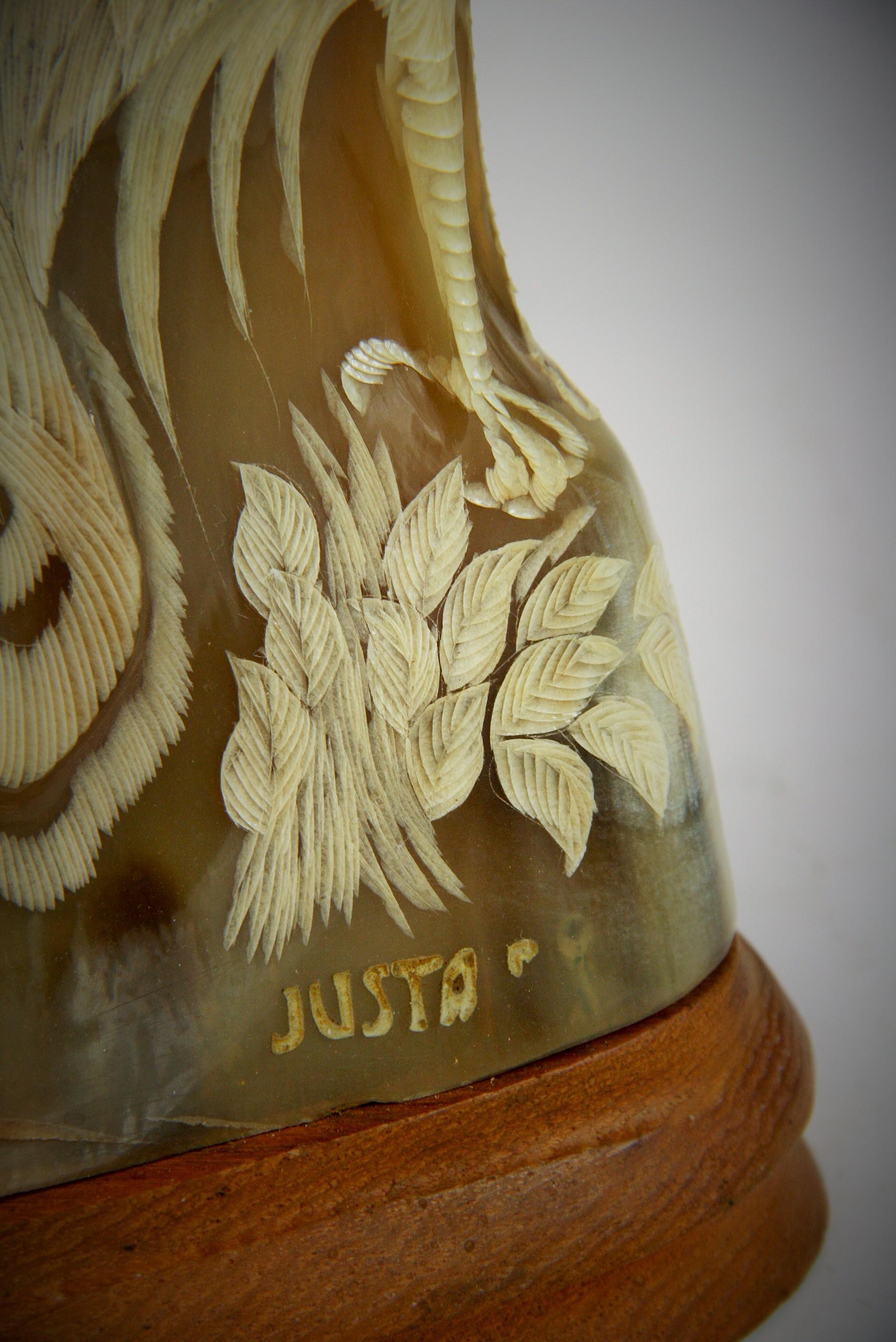 Folk Art Bird Carved Horn Signed Justa For Sale 1