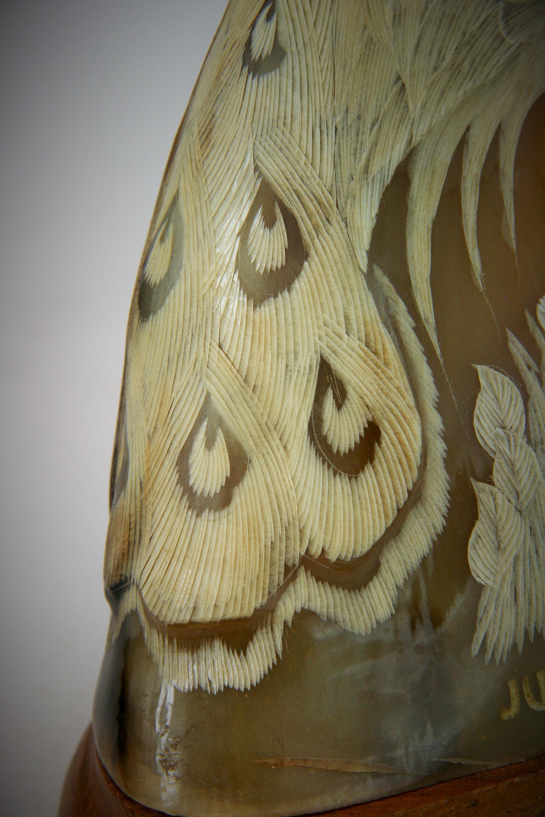 Folk Art Bird Carved Horn Signed Justa For Sale 2