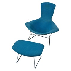 Bird Chair and Ottoman by Harry Bertoia for Knoll, Vintage Original Blue Fabric