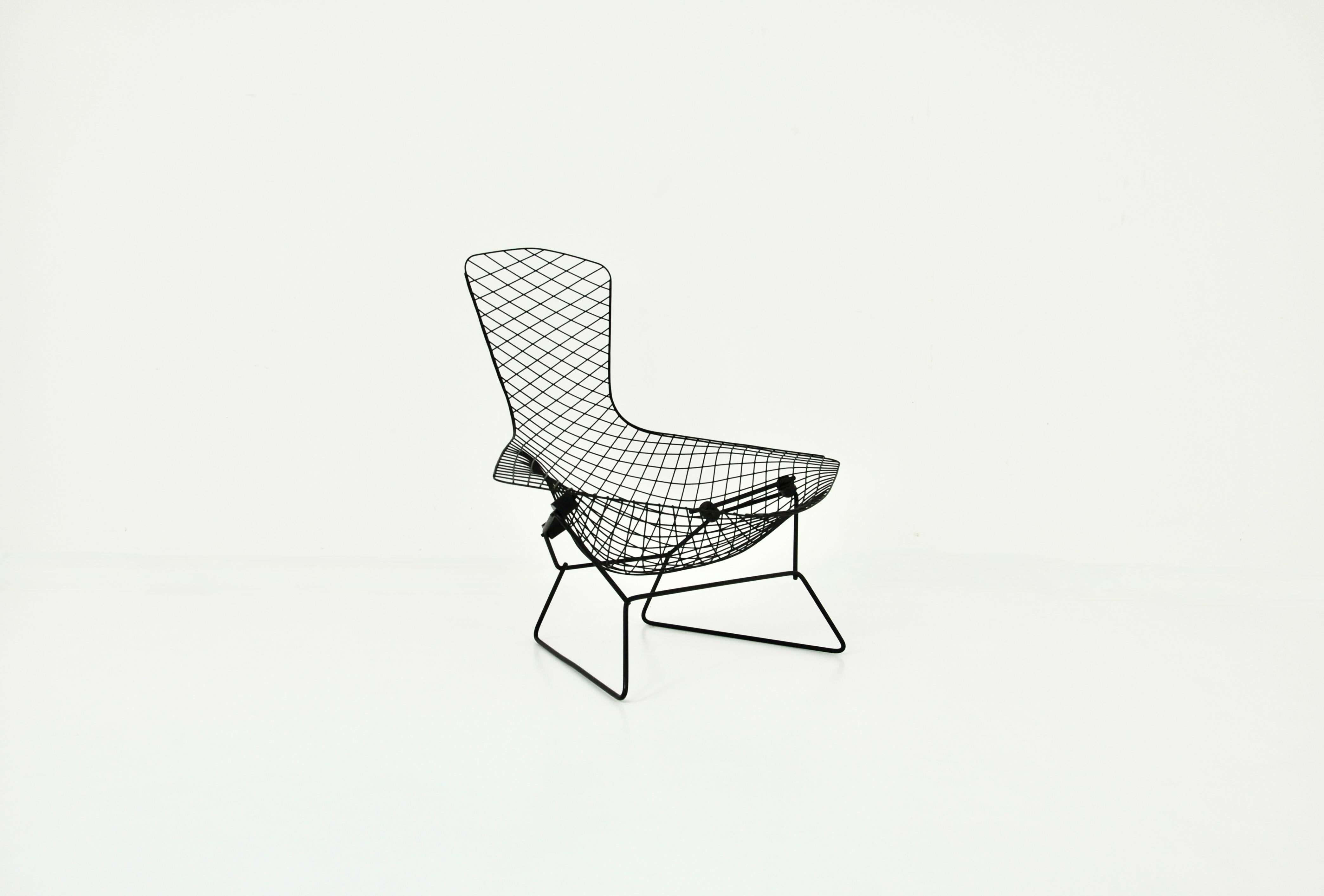 Schwarzer Metallstuhl von Harry Bertoia. Modell: Vogel. Sitzhöhe: 22 cm. Abnutzung durch Zeit und Alter des Stuhls.
