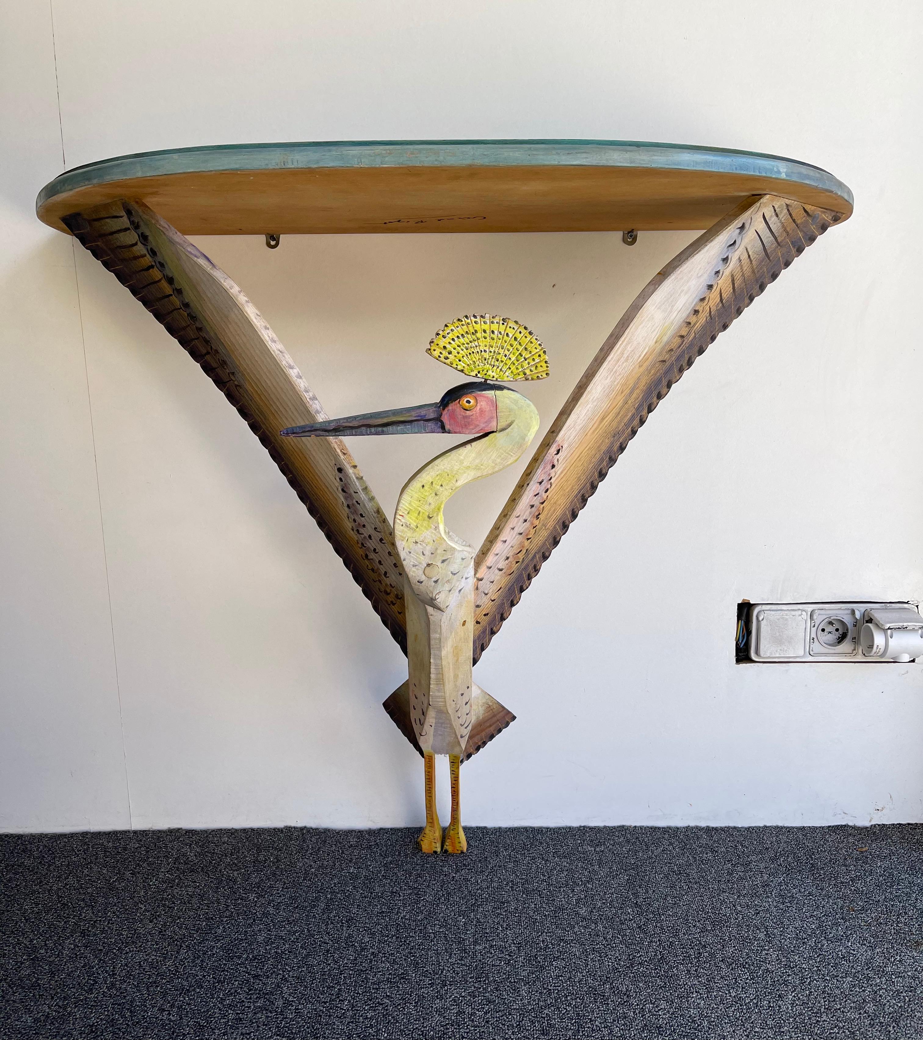Bird sculpture console table in wood, hand painted by the artist Gérard Rigot, sign under. Very poetic and singular animal furniture, from the enchanted bestiary work.