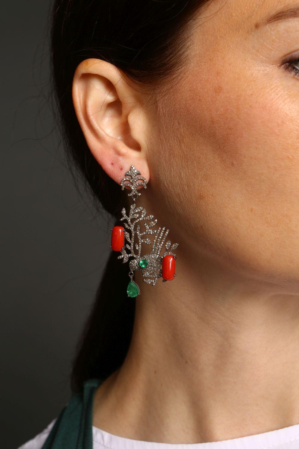 Bird Diamond, Emerald & Coral Drop Earrings In New Condition For Sale In London, W1U 2JG