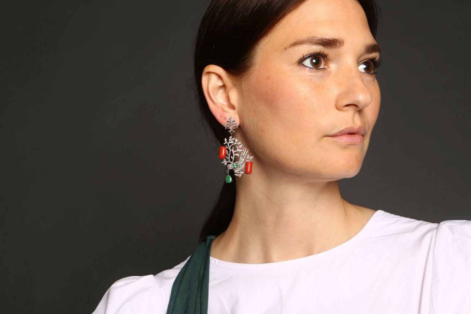 Women's or Men's Bird Diamond, Emerald & Coral Drop Earrings For Sale