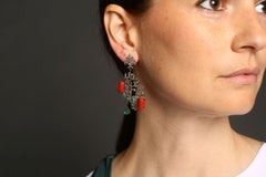 Bird Diamond, Emerald & Coral Drop Earrings