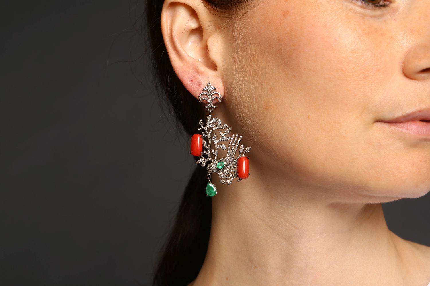 Artisan Bird Diamond, Emerald & Coral Drop Earrings For Sale