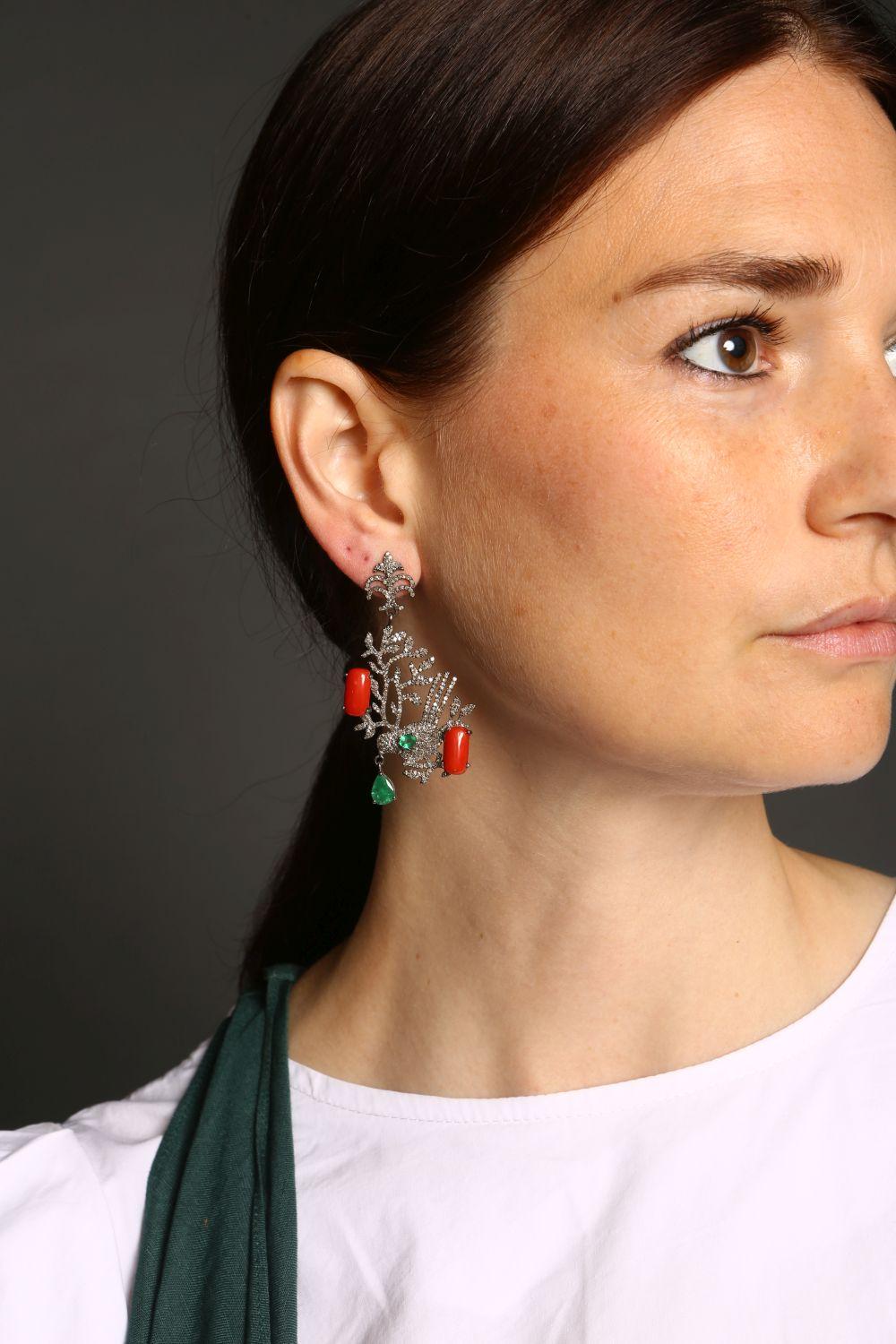 Emerald Cut Bird Diamond, Emerald & Coral Drop Earrings For Sale