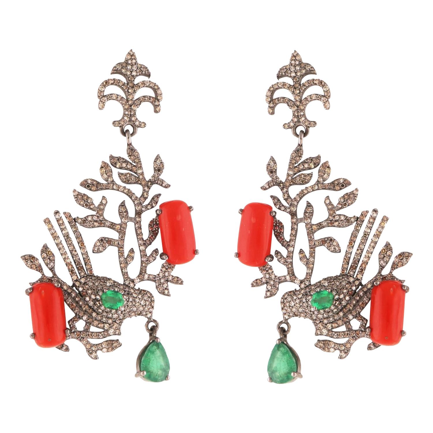 Bird Diamond, Emerald & Coral Drop Earrings For Sale