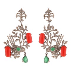 Bird Diamond, Emerald & Coral Drop Earrings