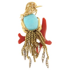 Bird Diamonds Turquoise Coral 14 And 18 Karat Yellow Gold Brooch