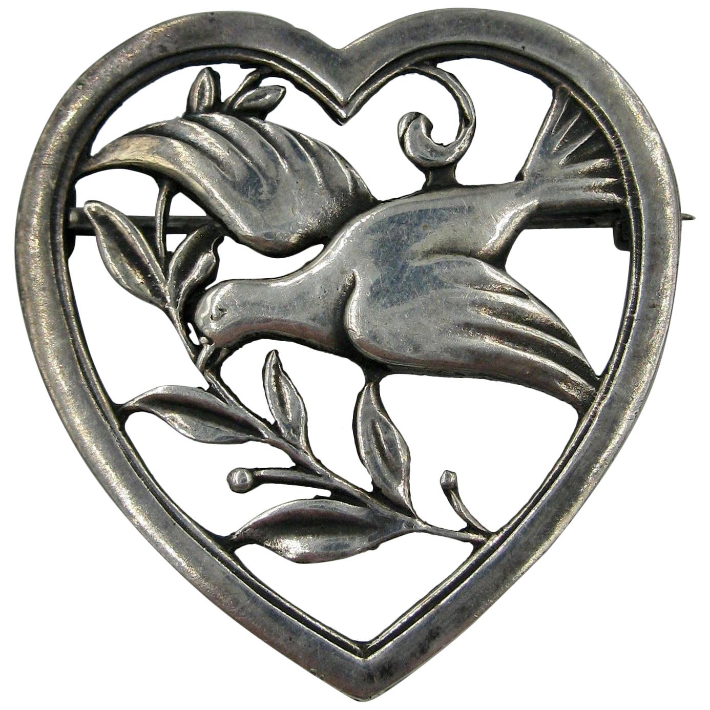 Bird Dove in Heart Brooch Pin Scandinavian Silver Mid-Century Modern For Sale
