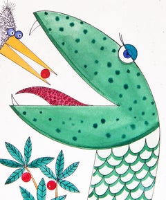 „ Vogel füttert Schlange“, skurrile Kinderbuchillustration von Blanchard, 1960er Jahre