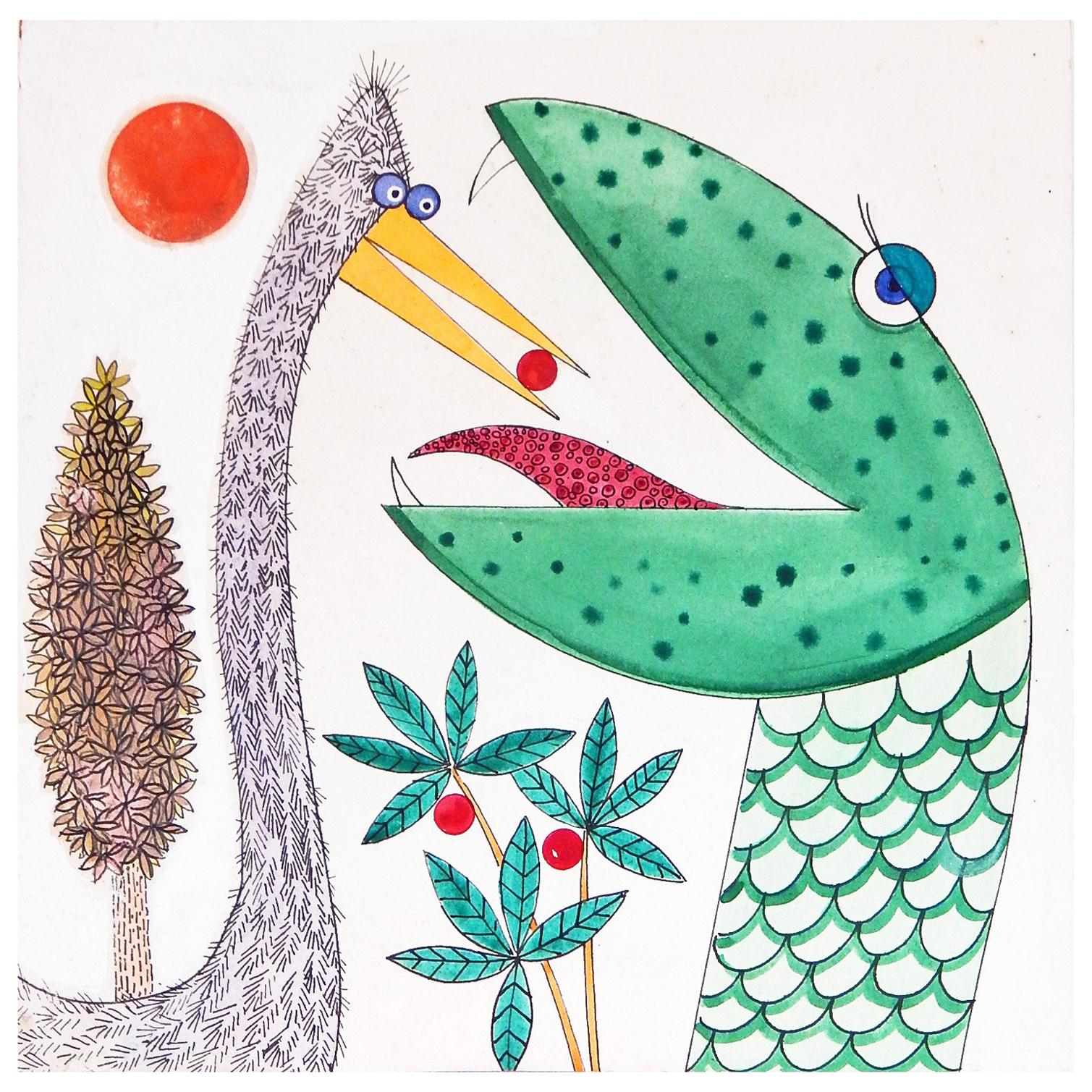 « Bird Feeds Snake » (L'oiseau nourrit un serpent), illustration de livre pour enfants fantaisiste de Blanchard, années 1960