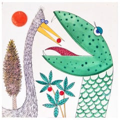 "Bird Feeds Snake, " Whimsical Children's Book Illustration by Blanchard, 1960s