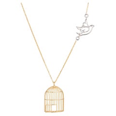 Bird Flying From Cage Necklace Estate 18k Yellow Gold 18" Chain Fine Jewelry